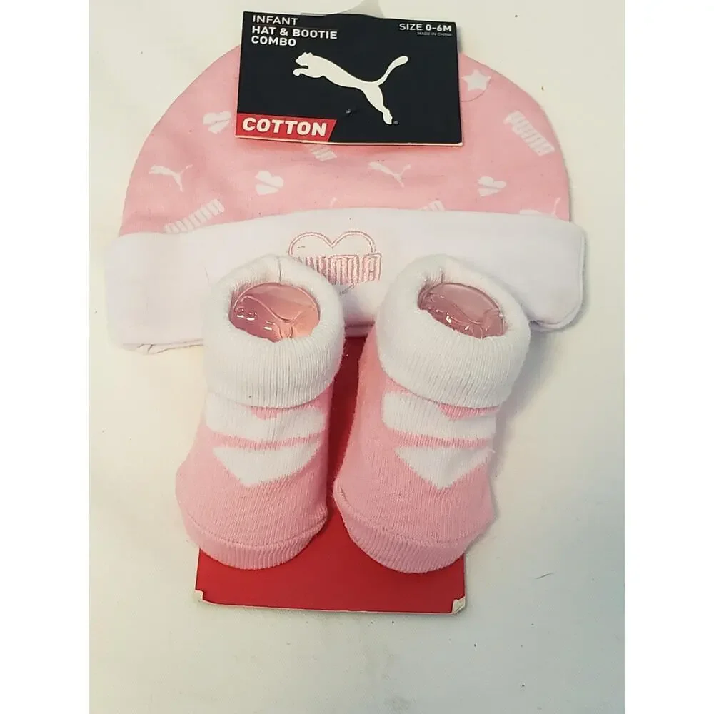 Puma Infant Beanie Hat Bootie Socks Set Baby Girls 0-6M Pink White Shower Gift - Picture 4 of 6